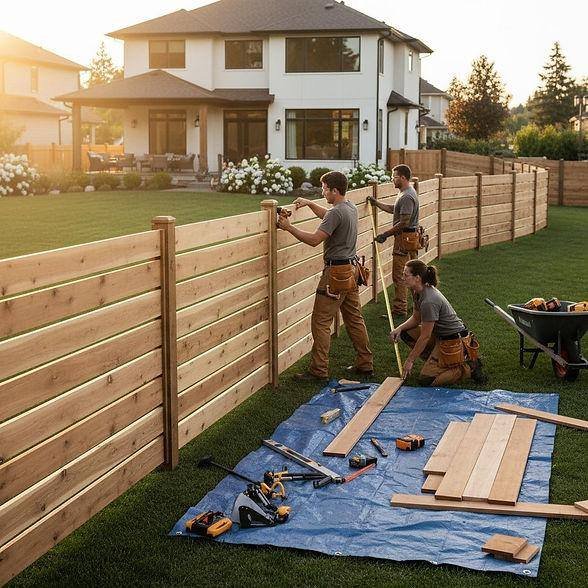 Crew installing a wood fence in a residential backyard
