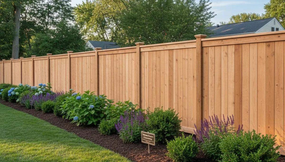 Long wooden privacy fence running beside a green lawn with a planted flower bed at its base