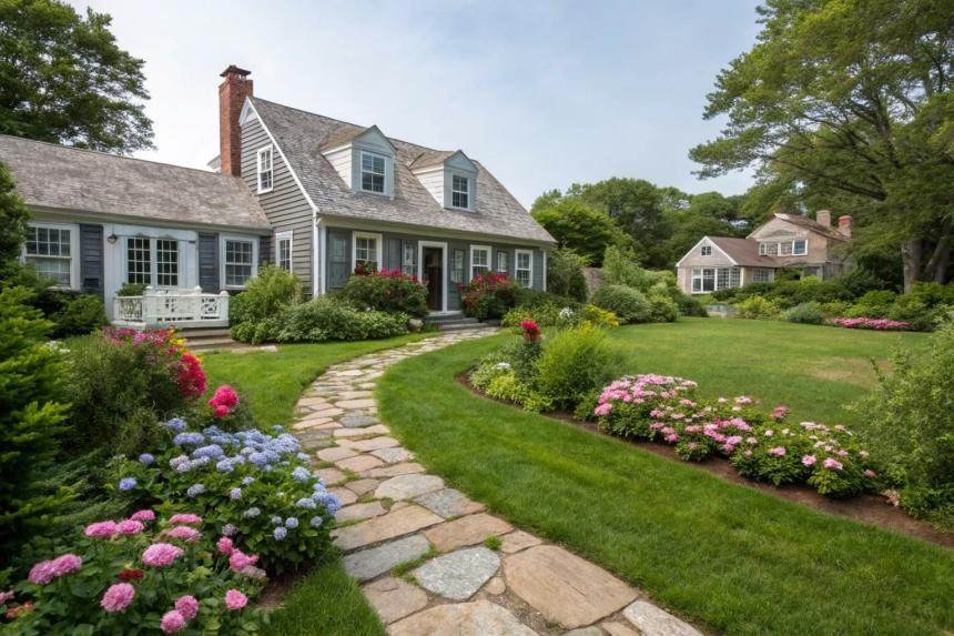 Cape-style home with a stone walkway and foundation plantings in Massachusetts