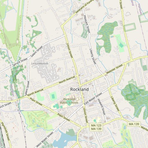 Street map of Rockland, Massachusetts and the surrounding towns