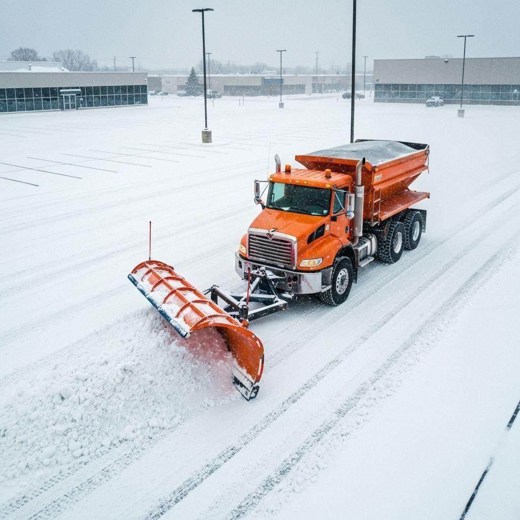 Plow truck clearing a commercial parking lot during snowfall